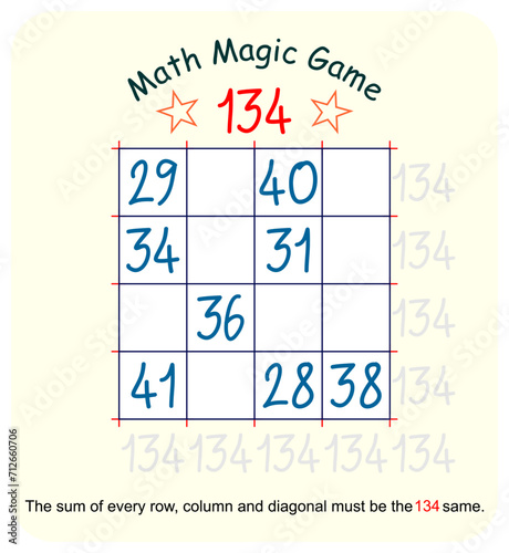 Magic math game. (Magic square)  Recreational mathematics and educational series vector illustration.