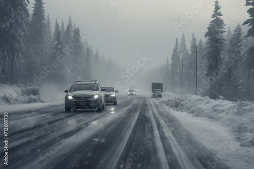 Old car on a street with snow on the ground. Driving a car on snowy road in winter. retro white red car standing in snowdrifts in a snow storm winter weather against snow covered trees