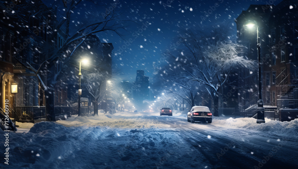 A snowy street with parked cars, snow blowing outside, Snow storm in the city. a winter snow covered road in a city, concept of traffic safety on a slippery road