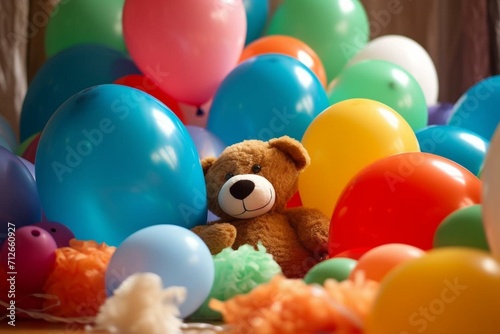 Many vibrant balloons and a cuddly toy. Generative AI photo