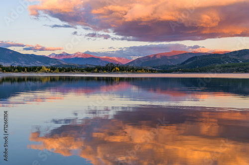 Autumn Sunset at Dillon Reservoir - A colorful sunset view of Dillon Reservoir on a calm Autumn evening. Dillon, Summit County, Colorado, USA.