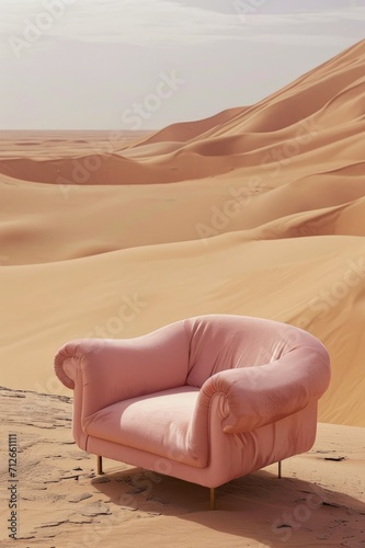 pastel pink designer modern armchair sitting in the Sahara desert