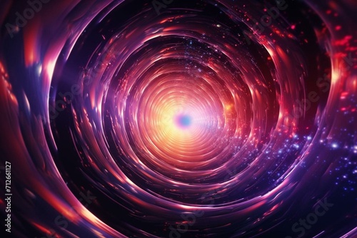 Abstract cosmos journey through a warp tunnel, resembling a black hole or wormhole. Stunning 3D rendering of transcending temporary space. Generative AI