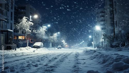 A snowy street with parked cars, snow blowing outside, Snow storm in the city. a winter snow covered road in a city, concept of traffic safety on a slippery road © MD Media
