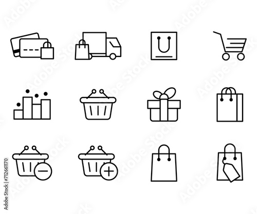 Vector black line icon set business commerce. Outline symbol payment and online collection investment management. Pictogram market bag and price element shop