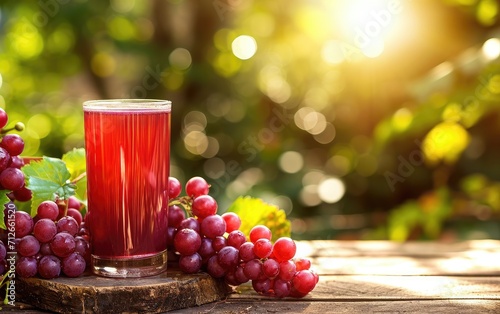 Red Grapes and a glass of juice on a wooden table