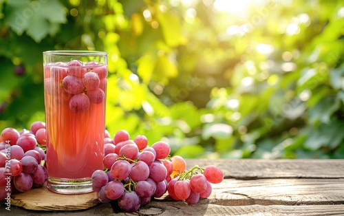 Red Grapes and a glass of juice on a wooden table