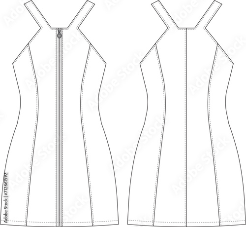 square u neck shoulder strap strappy zippered sleeveless short mini dress template technical drawing flat sketch cad mockup fashion woman design style model denim jean