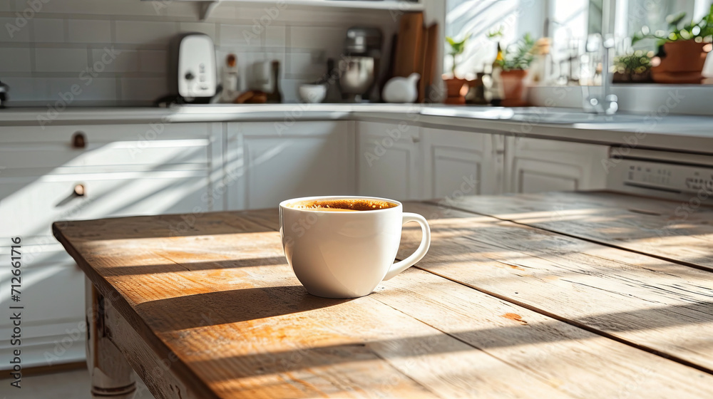 A mug of coffee at home in the morning on wooden table in white kitchen, deep shadows sunny light from the window, free copy space A mug of coffee at home in the morning on wooden table in white kitchen, deep shadows sunny light from the window, free copy space