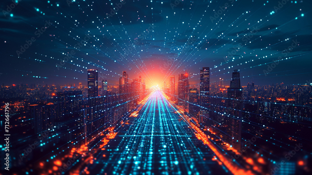 Enter a digital city powered by high-speed information and smart grid technology. A vision of a connected society blending urban and rural areas, enhanced by hand-edited generative AI. - obrazy, fototapety, plakaty 