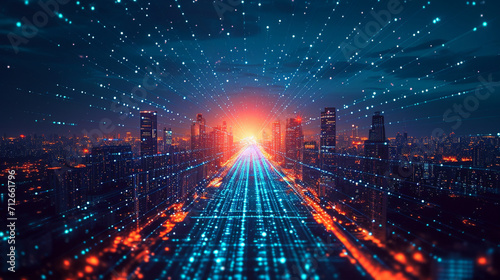 Enter a digital city powered by high-speed information and smart grid technology. A vision of a connected society blending urban and rural areas  enhanced by hand-edited generative AI.