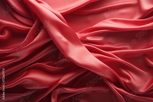 Red crumpled silk fabric with folds and waves