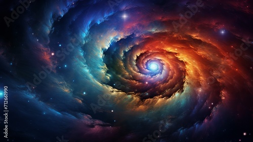 The sky is filled with galaxies, spirals, space nebulae, stars, smoke, and iridescence.