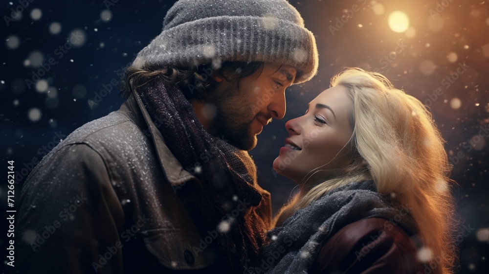 A detailed portrait of a couple sharing a tender moment under a starry winter sky A detailed portrait of a couple sharing a tender moment under a starry winter sky