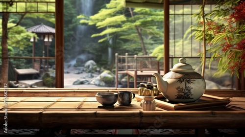 A tea ceremony set in a traditional Japanese tea house, with a blurred bamboo garden in the background photo