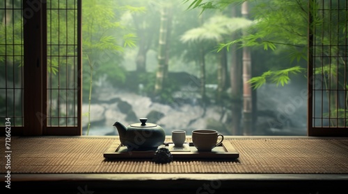 A tea ceremony set in a traditional Japanese tea house, with a blurred bamboo garden in the background