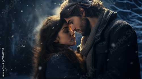 A detailed portrait of a couple sharing a tender moment under a starry winter sky