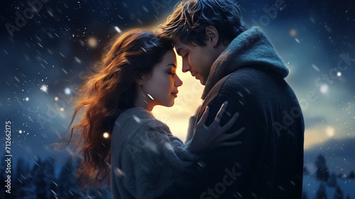A detailed portrait of a couple sharing a tender moment under a starry winter sky