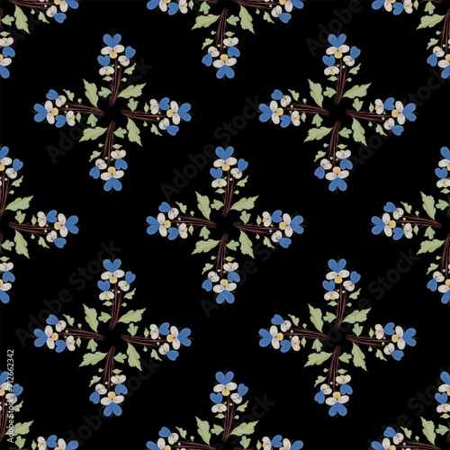 Seamless geometrical floral pattern with cross shape bouquets of blooming branches. Wild pansy or viola tricolor flower. On black background.