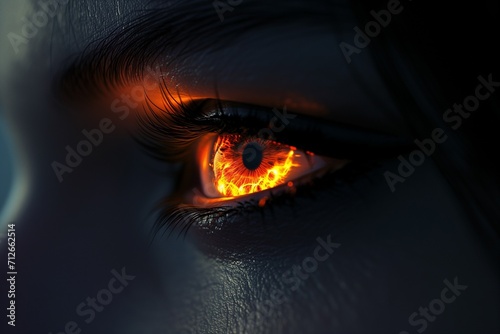 Woman's red eye in the dark. Piercing eyes Orange Fire. Burning demonic eyes. Vampire. Fiery Mysterious. Magic, secrecy, mysticism, visual effect. Hypnosis, power of sight. Look. Close up. Game art © Zakhariya