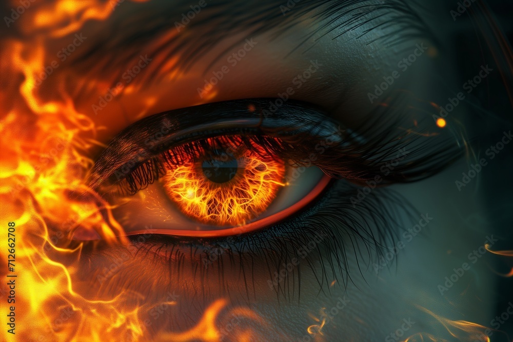 Woman's red eye in the dark. Piercing eyes Orange Fire. Burning demonic