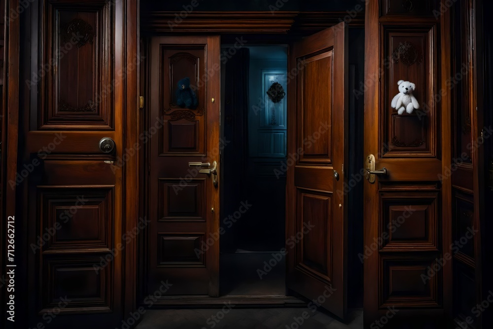 An old Wooden Appartement door with stuffed animals, An old Wooden Appartement door with stuffed animals,