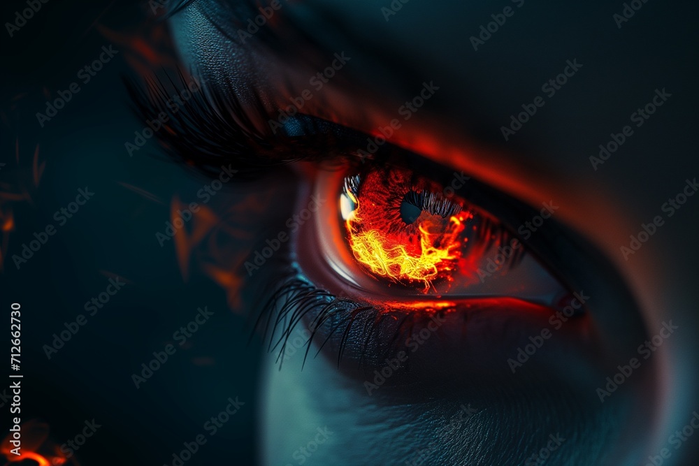 Woman's red eye in the dark. Piercing eyes Orange Fire. Burning demonic eyes. Vampire. Fiery Mysterious. Magic, secrecy, mysticism, visual effect. Hypnosis, power of sight. Look. Close up. Game art - obrazy, fototapety, plakaty 