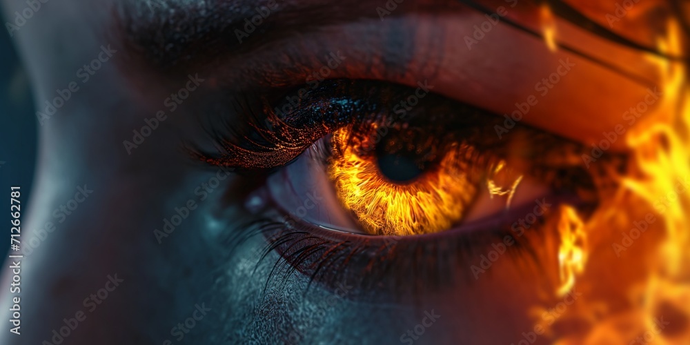Woman's red eye in the dark. Piercing eyes Orange Fire. Burning demonic