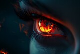 Woman's red eye in the dark. Piercing eyes Orange Fire. Burning demonic eyes. Vampire. Fiery Mysterious. Magic, secrecy, mysticism, visual effect. Hypnosis, power of sight. Look. Close up. Game art