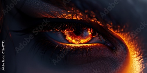 Woman's red eye in the dark. Piercing eyes Orange Fire. Burning demonic eyes. Vampire. Fiery Mysterious. Magic, secrecy, mysticism, visual effect. Hypnosis, power of sight. Look. Close up. Game art