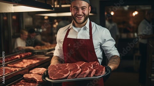A butcher dressed in workwear carrying a box filled with meat pieces while standing in the middle of carcasses with a cheerful demeanor.