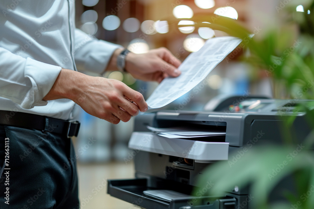 Professional document handling: Businessman utilizes a multifunction laser printer for printing and paperwork in a busy office. Versatile copy, print, scan, and fax capabilities.