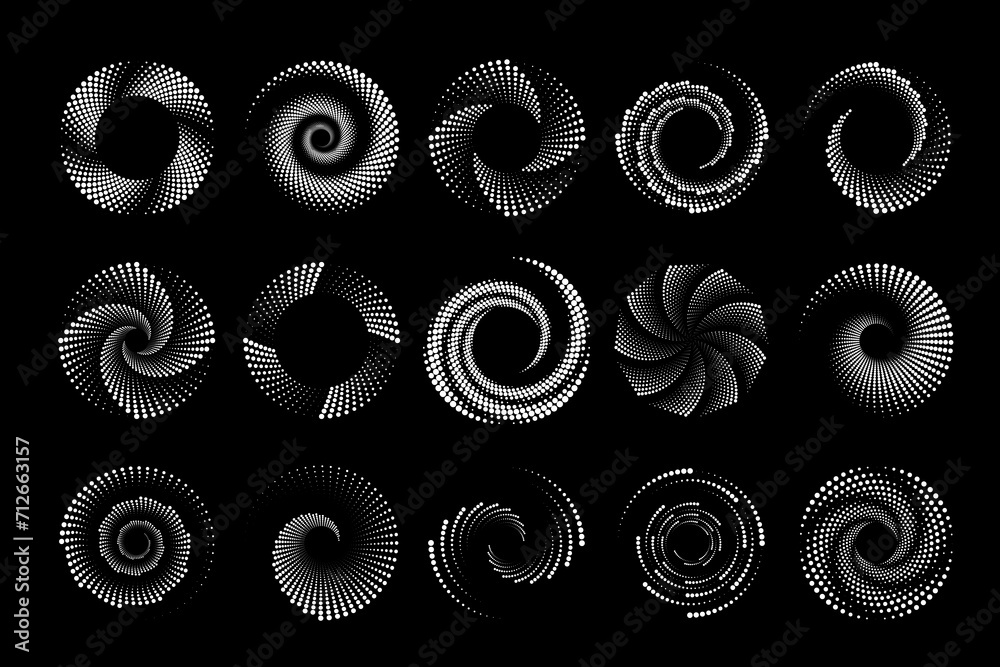Swirl dotted halftone icons. Vortex digital futuristic logos set. Vector geometric shapes. Swirl dotted halftone icons. Vortex digital futuristic logos set. Vector geometric shapes.