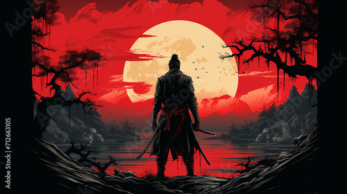 illustration of Silhouette of Japanese samurai warrior with sword standing on sunset vector background for wall art print banner design template splash smoke rainbow background , Generate AI