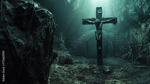 Jesus is hanging on the cross as darkness covers the earth