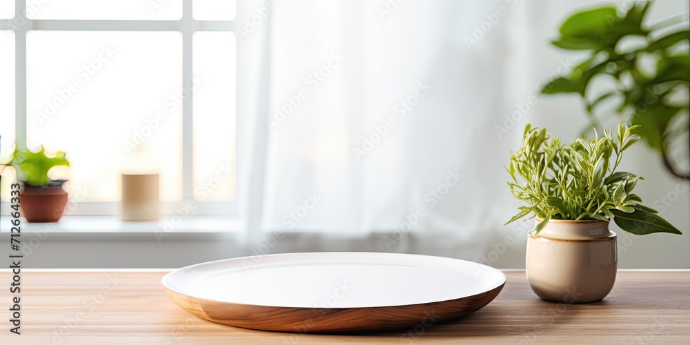 Kitchen mock up with empty wooden plate on modern table for design and product display.