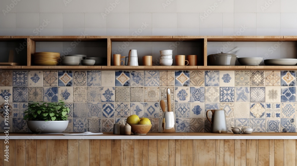 A wall decorated with mosaic tiles in a classic style A wall decorated with mosaic tiles in a classic style