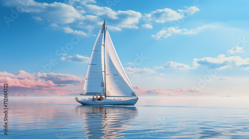 Sailboat on open water with a background of pink and blue sky © Meta