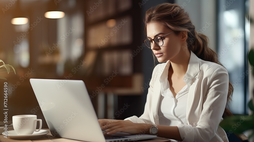 An agile businesswoman working in an office uses a laptop as part of her daily routine to develop innovative approaches to distant education. she is a secretary and represents a modern An agile businesswoman working in an office uses a laptop as part of her daily routine to develop innovative approaches to distant education. she is a secretary and represents a modern
