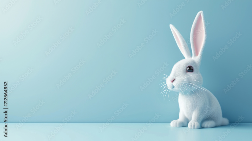 White cute fluffy rabbit on pastel blue background. Easter day.