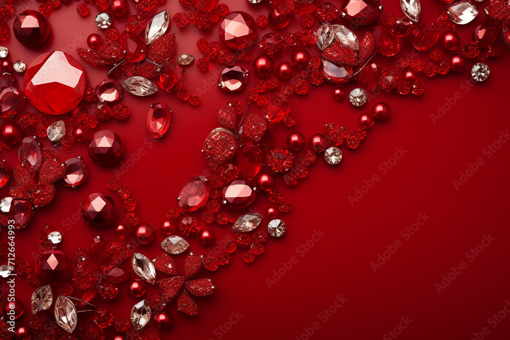 Red background decorated with ruby gemstones with space for text Red background decorated with ruby gemstones with space for text