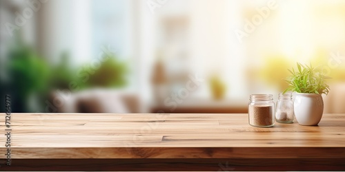 Blurred living room background with wooden table in front.