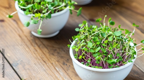 A couple of white bowls filled with green sprouts.