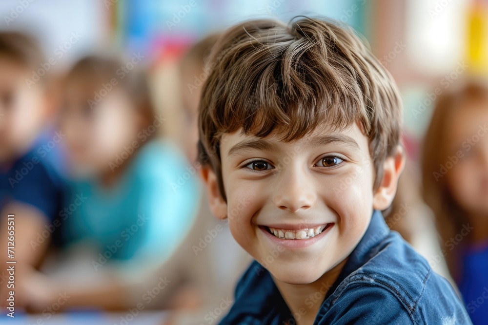 A smiling cute child boy in a school with students studying in the classroom on the background A smiling cute child boy in a school with students studying in the classroom on the background