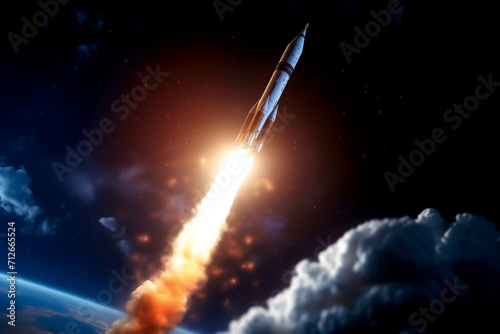 Space Rocket Flies in Space on Background of the Planet Earth. Successful Start of the Mission. Concept of space exploration, Satellite Launch, Flight to the Moon, Cosmonautics day.