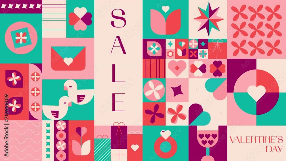 St.Valentine's Day SALE concept.Multi color geometric pattern loop.Abstract geometry objects and hearts. Simple trendy motion graphic 4K. High quality 4k footage St.Valentine's Day SALE concept.Multi color geometric pattern loop.Abstract geometry objects and hearts. Simple trendy motion graphic 4K. High quality 4k footage