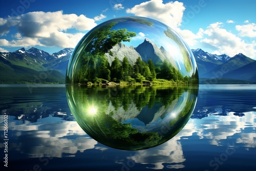 Natures Reflection. Pristine Water Drop showcasing Mountains, Forest, and Lake