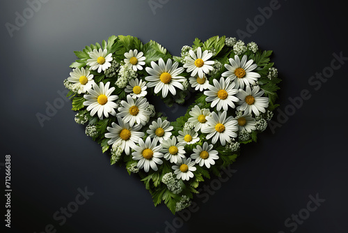 Floral heart shaped wreath with green leaves and daisy flowers on dark gray background. Flat lay centered. Spring or St Valentines concept