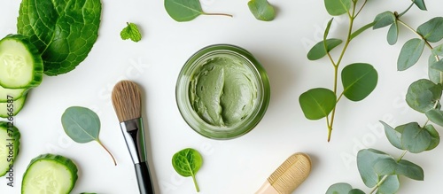 Top view of a jar of cool moisturizing face mask with brush, eucalyptus leaves, cucumber slices on a white table. photo