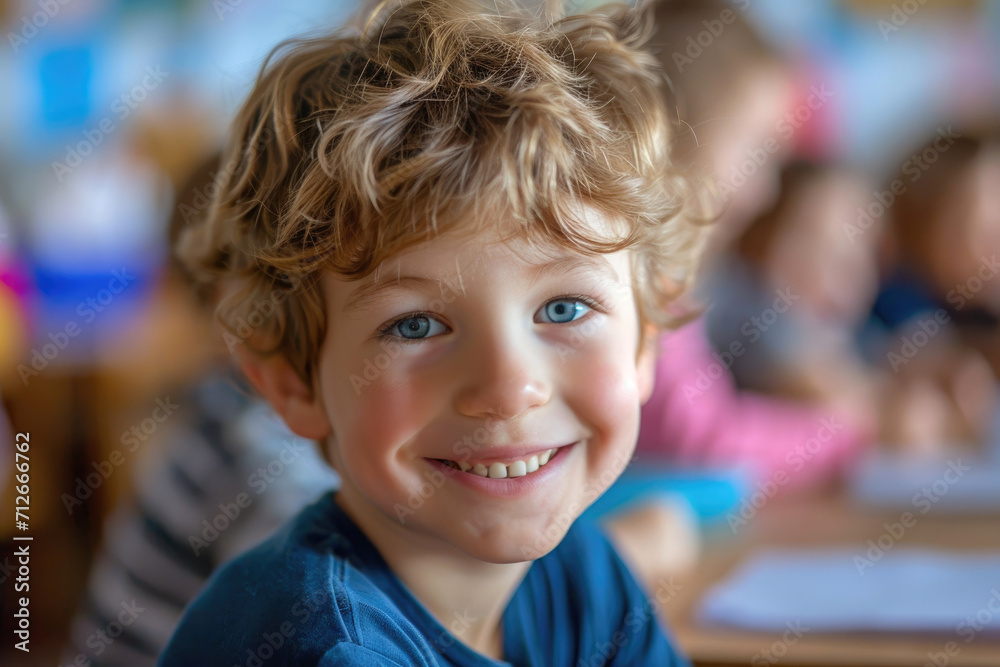 A smiling cute child boy in a school with students studying in the classroom on the background A smiling cute child boy in a school with students studying in the classroom on the background